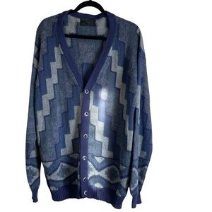 Vintage Baby Alpaca Cardigan Blue Aztec Geometric Pattern Made in Peru xl